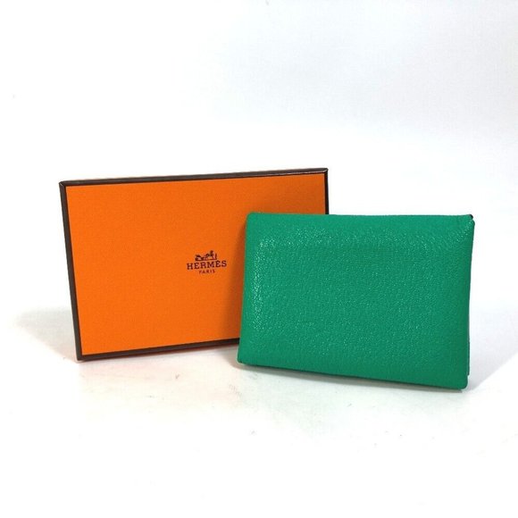 HERMES Coin Compartment coin purse Calvi duo Bicolor Card Case Green/pink - Picture 3 of 12